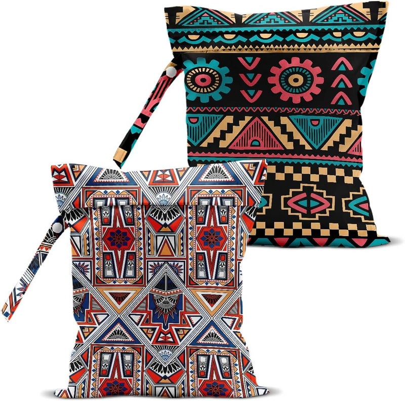 BQXH 2Pcs Ethnic Print Wet Bags, Wet Dry Bag Reusable Zipper Pouch for Swimsuit, Diapers, Travel, Pool, Beach, Dirty Yoga Gym Clothes, Toiletries, Waterproof Birthday Christmas Gifts - Image 1
